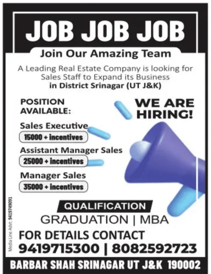 Real Estate Company is looking for Sales Staff to Expand its Business in District Srinagar (UT J&K)