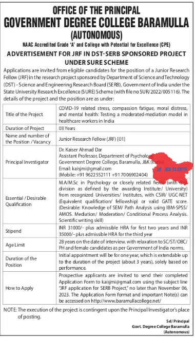 GOVERNMENT DEGREE COLLEGE BARAMULLA (AUTONOMOUS) APPLICATIONS ARE INVITED FROM ELIGIBLE CANDIDATES FOR THE POSITION OF A JRF