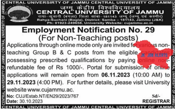 CENTRAL UNIVERSITY OF JAMMU Employment Notification No. 29 (For Non-Teaching posts)