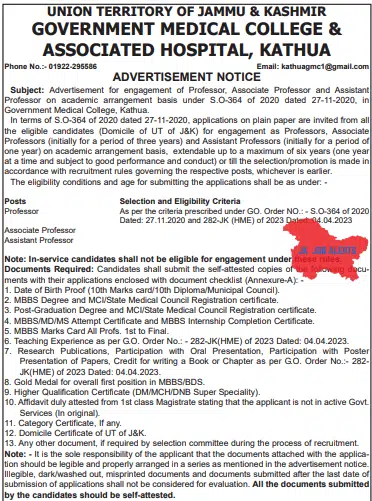 GOVERNMENT MEDICAL COLLEGE & ASSOCIATED HOSPITAL, KATHUA ADVERTISEMENT NOTICE