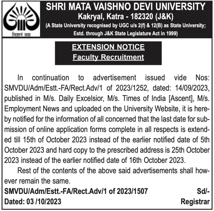 SHRI MATA VAISHNO DEVI UNIVERSITY Faculty Recruitment advertisement