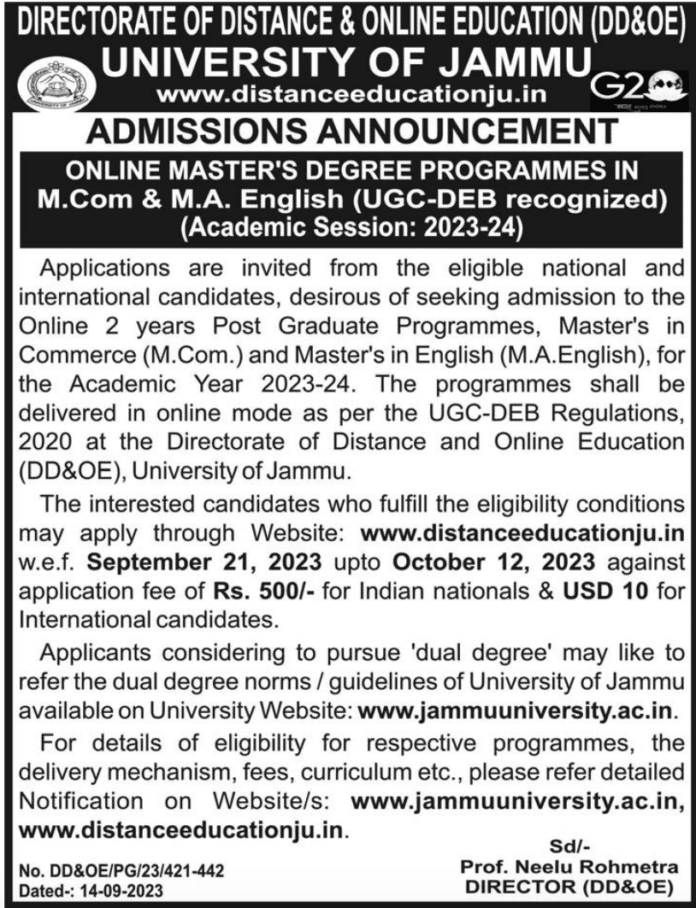 UNIVERSITY OF JAMMU DIRECTORATE OF DISTANCE & ONLINE EDUCATION (DD&OE) ADMISSIONS ANNOUNCEMENT