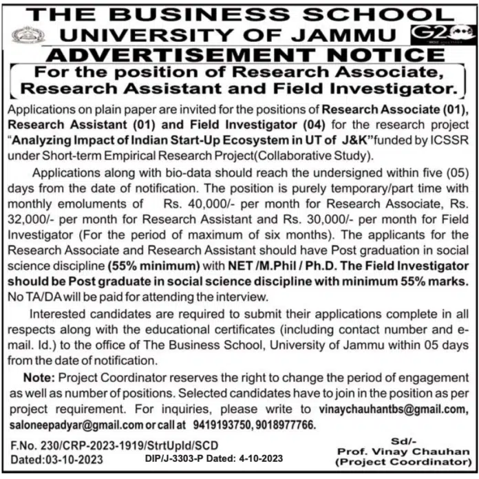 THE BUSINESS SCHOOL UNIVERSITY OF JAMMU ADVERTISEMENT NOTICE