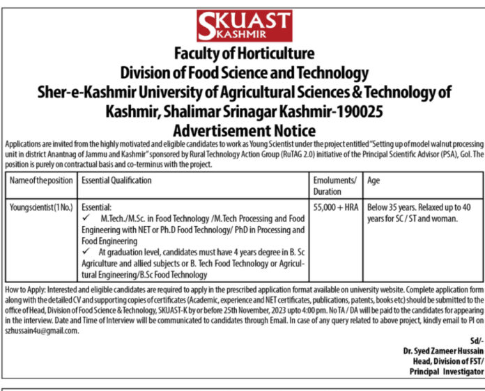 SKUAST KASHMIR ADVERTISEMENT NOTICE FOR SCIENTIST JOBS