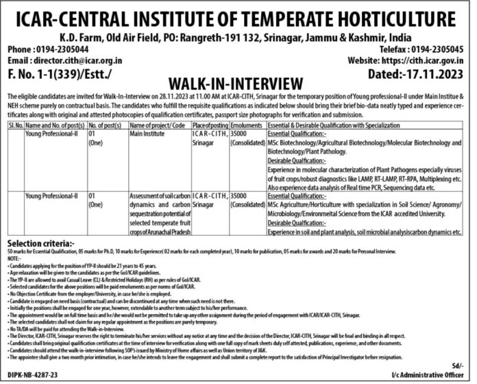 ICAR-CENTRAL INSTITUTE OF TEMPERATE HORTICULTURE WALK-IN-INTERVIEW