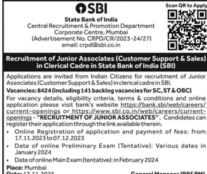 State Bank of India Recruitment of Junior Associates (Customer Support & Sales