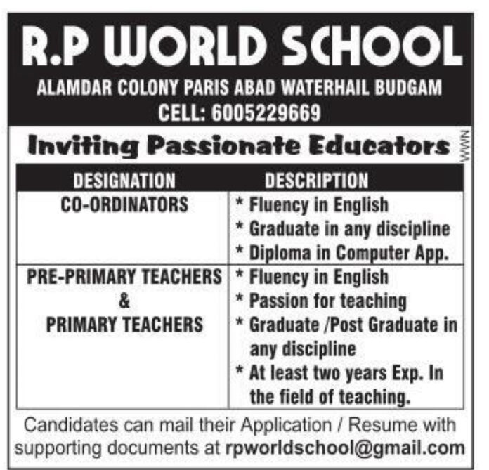 R.P WORLD SCHOOL JOB OPENINGS