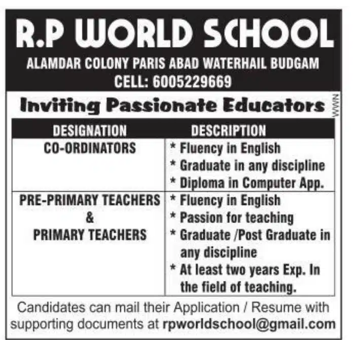 R.P WORLD SCHOOL JOB OPENINGS