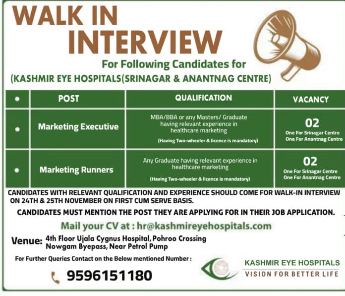 KASHMIR EYE HOSPITALS SRINAGAR & ANANTNAG CENTRE WALK IN INTERVIEW