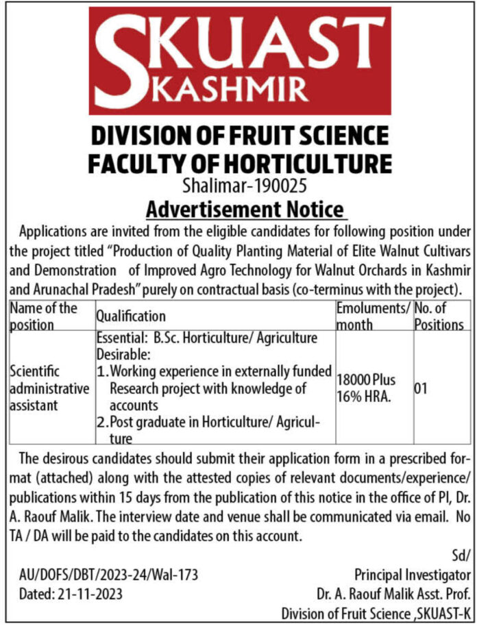 SKUAST KASHMIR DIVISION OF FRUIT SCIENCE FACULTY OF HORTICULTURE JOB ADVERTISEMENT