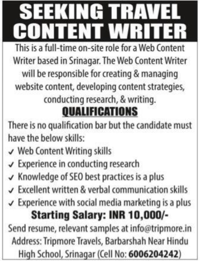 Tripmore Travels, Barbarshah Seeking Travel Content Writer