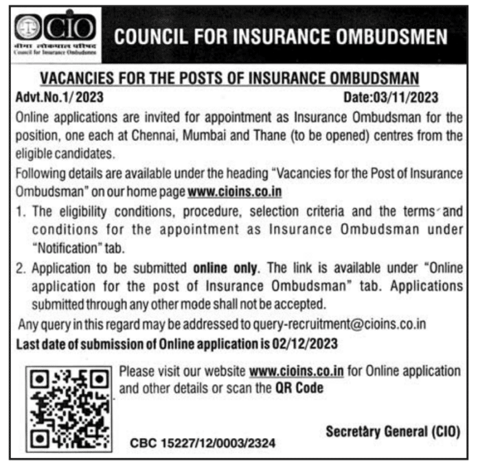 VACANCIES FOR THE POSTS OF INSURANCE OMBUDSMAN