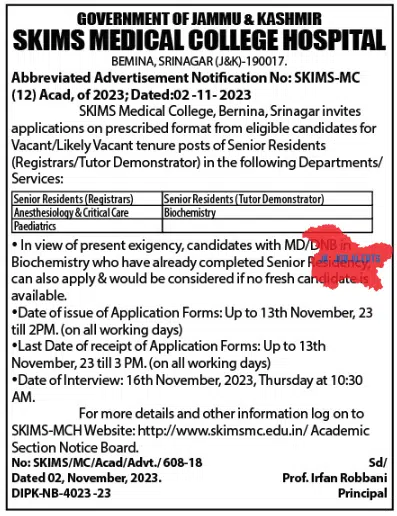 SKIMS MEDICAL COLLEGE HOSPITAL BEMINA, SRINAGAR ADVERTISEMENT NOTIFICATION NO: SKIMS-MC