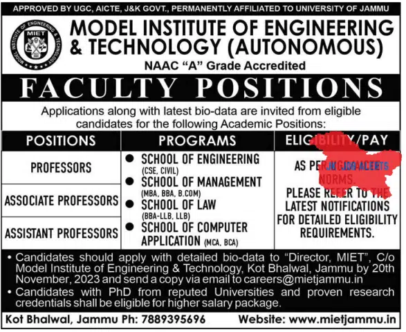 MODEL INSTITUTE OF ENGINEERING & TECHNOLOGY (AUTONOMOUS) JOB NOTIFICATION 2023