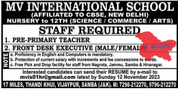 MV INTERNATIONAL SCHOOL STAFF REQUIRED