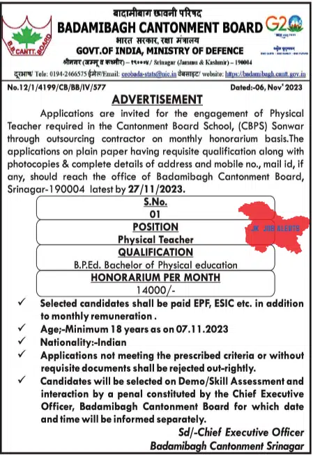 BADAMIBAGH CANTONMENT BOARD ADVERTISEMENT