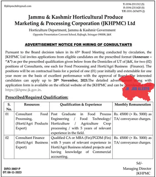 Jammu & Kashmir Horticultural Produce Marketing & Processing Corporation (JKHPMC) Ltd Hiring of Consultants
