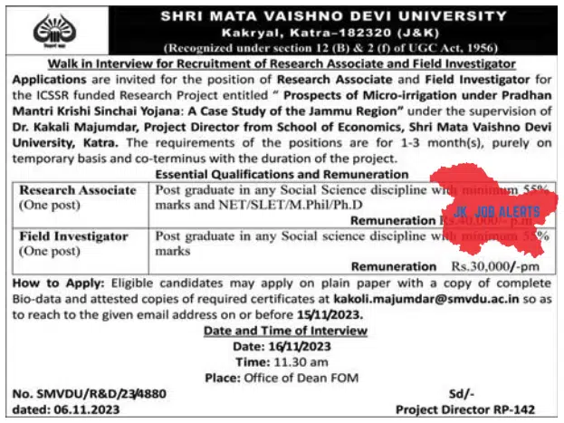 SHRI MATA VAISHNO DEVI UNIVERSITY WALK IN INTERVIEW 2023