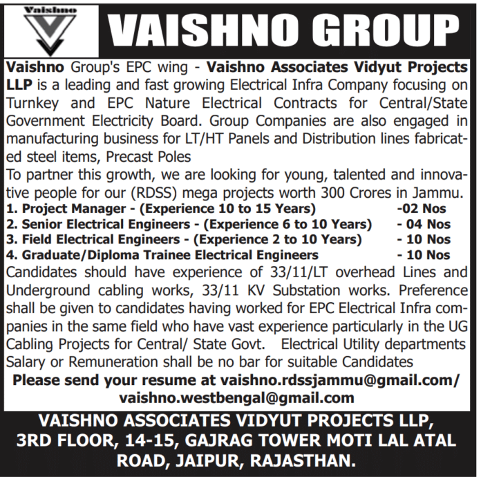 VAISHNO GROUP JOB ADVERTISEMENT 2023