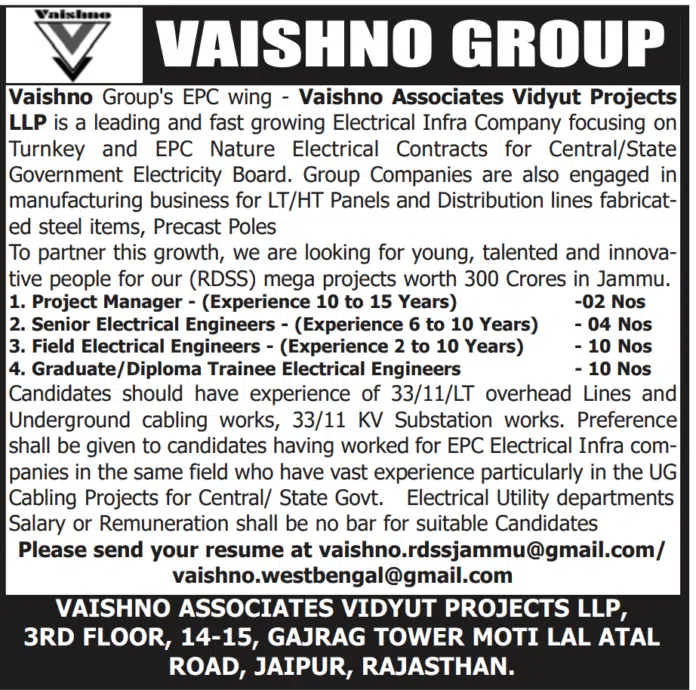 VAISHNO GROUP JOB ADVERTISEMENT 2023