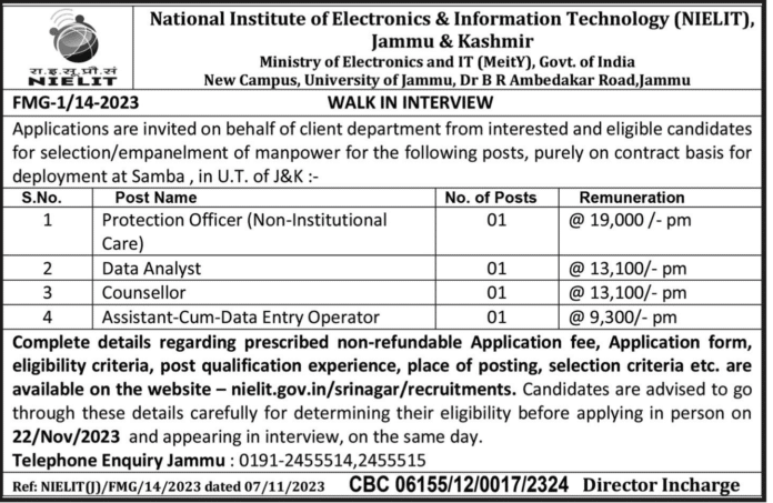 National Institute of Electronics & Information Technology (NIELIT), Jammu & Kashmir Walk in Interview for different Posts 2023