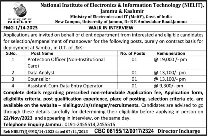 National Institute of Electronics & Information Technology (NIELIT), Jammu & Kashmir Walk in Interview for different Posts 2023