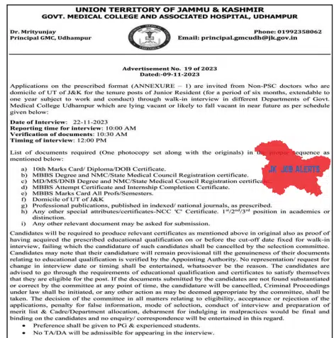 GOVT. MEDICAL COLLEGE AND ASSOCIATED HOSPITAL, UDHAMPUR Advertisement No. 19 of 2023