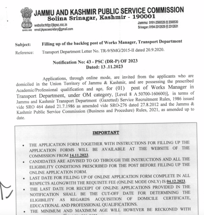 JAMMU AND KASHMIR PUBLIC SERVICE COMMISSION JKPSC Transport Department Works Manager Advertisement No 43-PSC of 2023