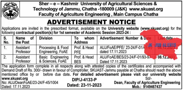 SKUAST JAMMU ADVERTISEMENT NOTICE FOR CONTRACTUAL POSITIONS