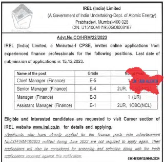 IREL (India) Limited Job Advertisement 2023