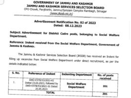 JKSSB Advertisement for District Cadre posts, Social Welfare Department