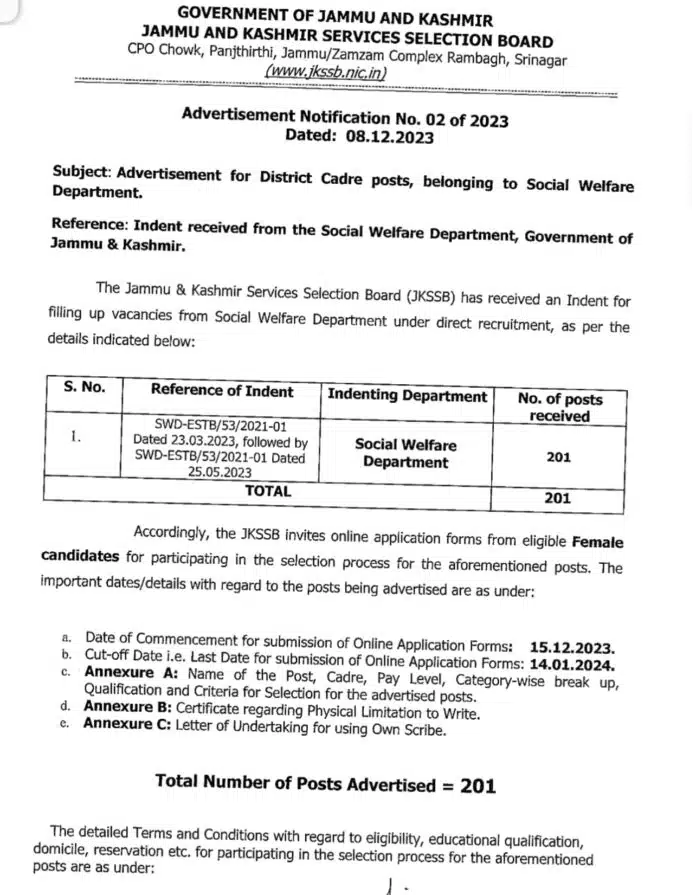 JKSSB Advertisement for District Cadre posts, Social Welfare Department