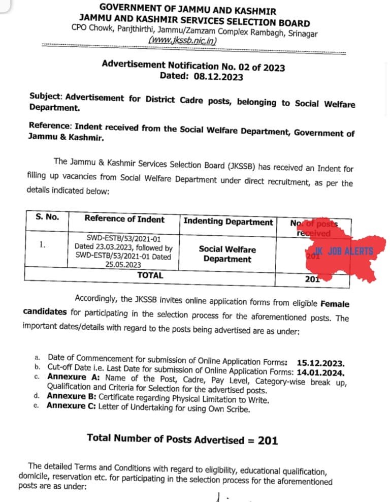 JKSSB Advertisement for District Cadre posts, Social Welfare Department