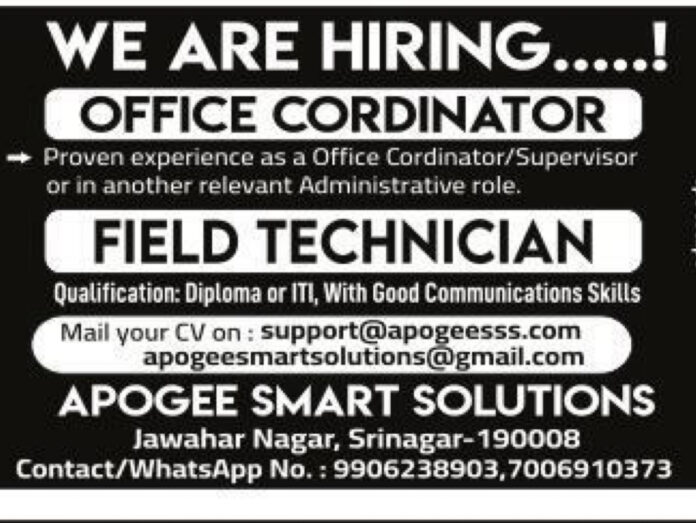 APOGEE SMART SOLUTIONS LOOKING FOR OFFICE CORDINATOR