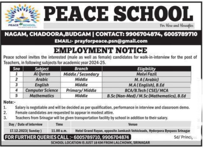 PEACE SCHOOL NAGAM, CHADOORA,BUDGAM JOB ADVERTISEMENT