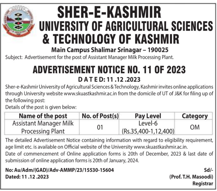 SKUAST KASHMIR ADVERTISEMENT NOTICE NO. 11 OF 2023