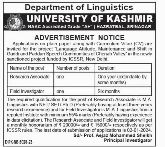 UNIVERSITY OF KASHMIR DEPARTMENT OF LINGUISTICS JOB ADVERTISEMENT