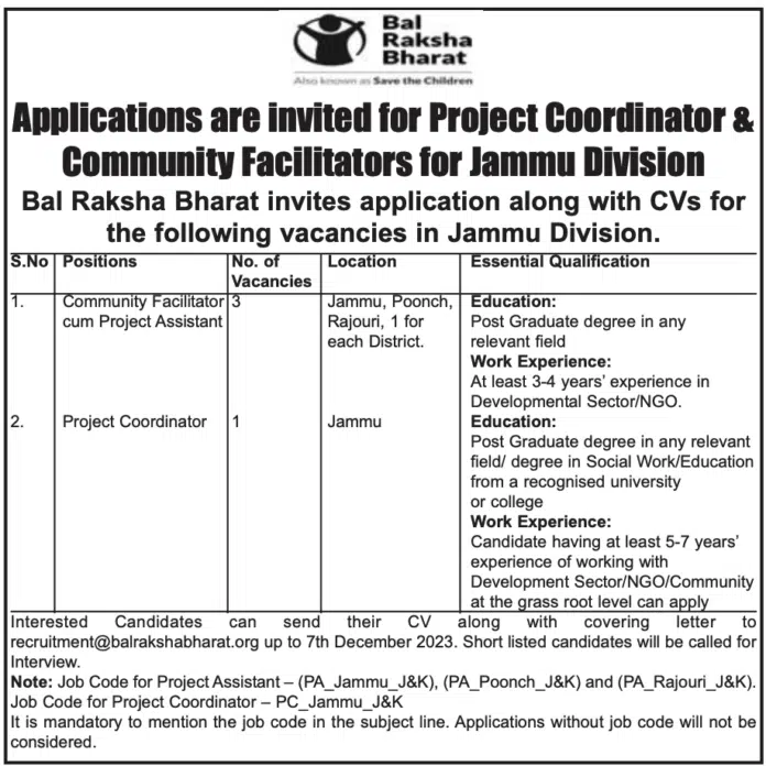 Bal Raksha Bharat Advertisement for Project Coordinator