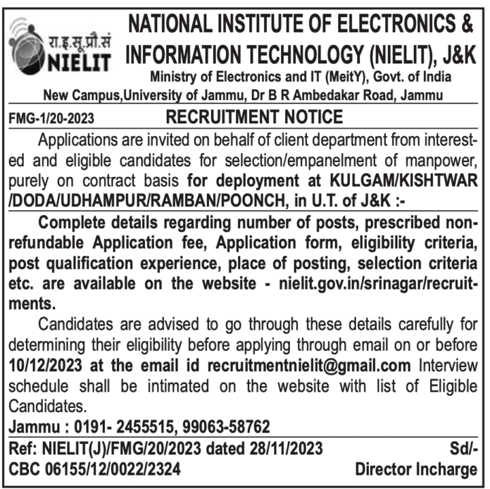 NIELIT INFORMATION TECHNOLOGY (NIELIT), J&K RECRUITMENT NOTICE 2023