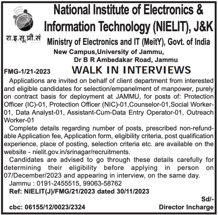 National Institute of Electronics & Information Technology (NIELIT), J&K WALK IN INTERVIEWS FMG-1/21-2023