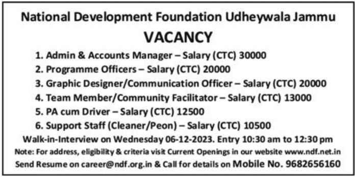 National Development Foundation Udheywala Jammu Job Advertisement