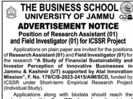 THE BUSINESS SCHOOL , UNIVERSITY OF JAMMU ADVERTISEMENT NOTICE FOR POSITION OF RESEARCH ASSISTANT