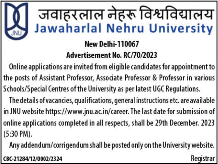 JNU Jawaharlal Nehru University Job Vacancies 2023