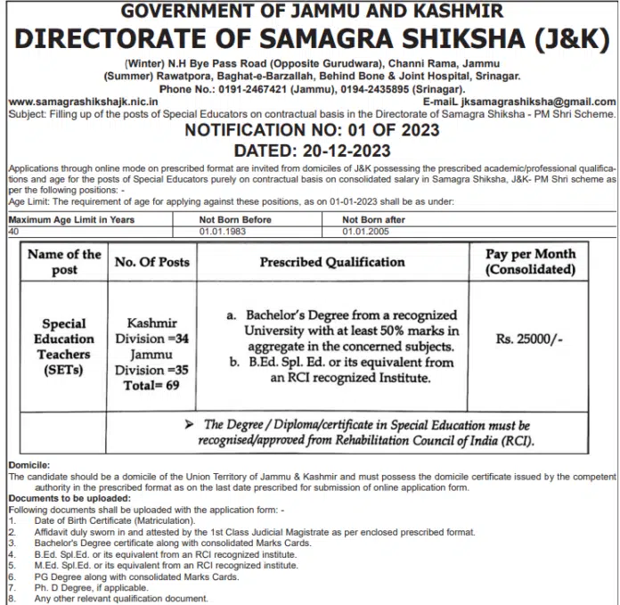 DIRECTORATE OF SAMAGRA SHIKSHA (J&K) JOB ADVERTISEMENT