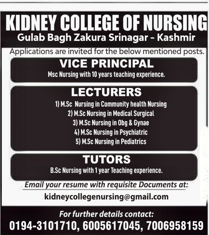 KIDNEY COLLEGE OF NURSING SRINAGAR JOB VACANCIES 2024