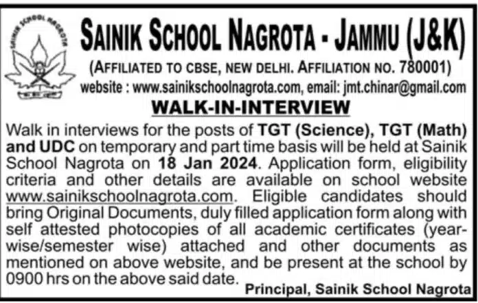 SAINIK SCHOOL NAGROTA  JAMMU J&K JOB ADVERTISEMENT TGT TEACHER 2024