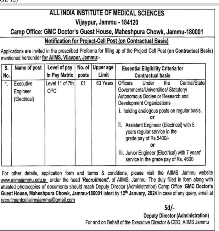 ALL INDIA INSTITUTE OF MEDICAL SCIENCES JAMMU JOB VACANCIES PROJECT-CELL POST