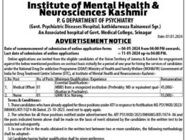 Institute of Mental Health & Neurosciences Kashmir Job Vacancies 2024