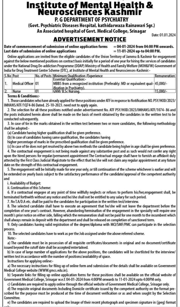 Institute of Mental Health & Neurosciences Kashmir Job Vacancies 2024
