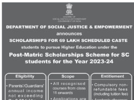 Post-Matric Scholarships Scheme for SC students for the Year 2023-24